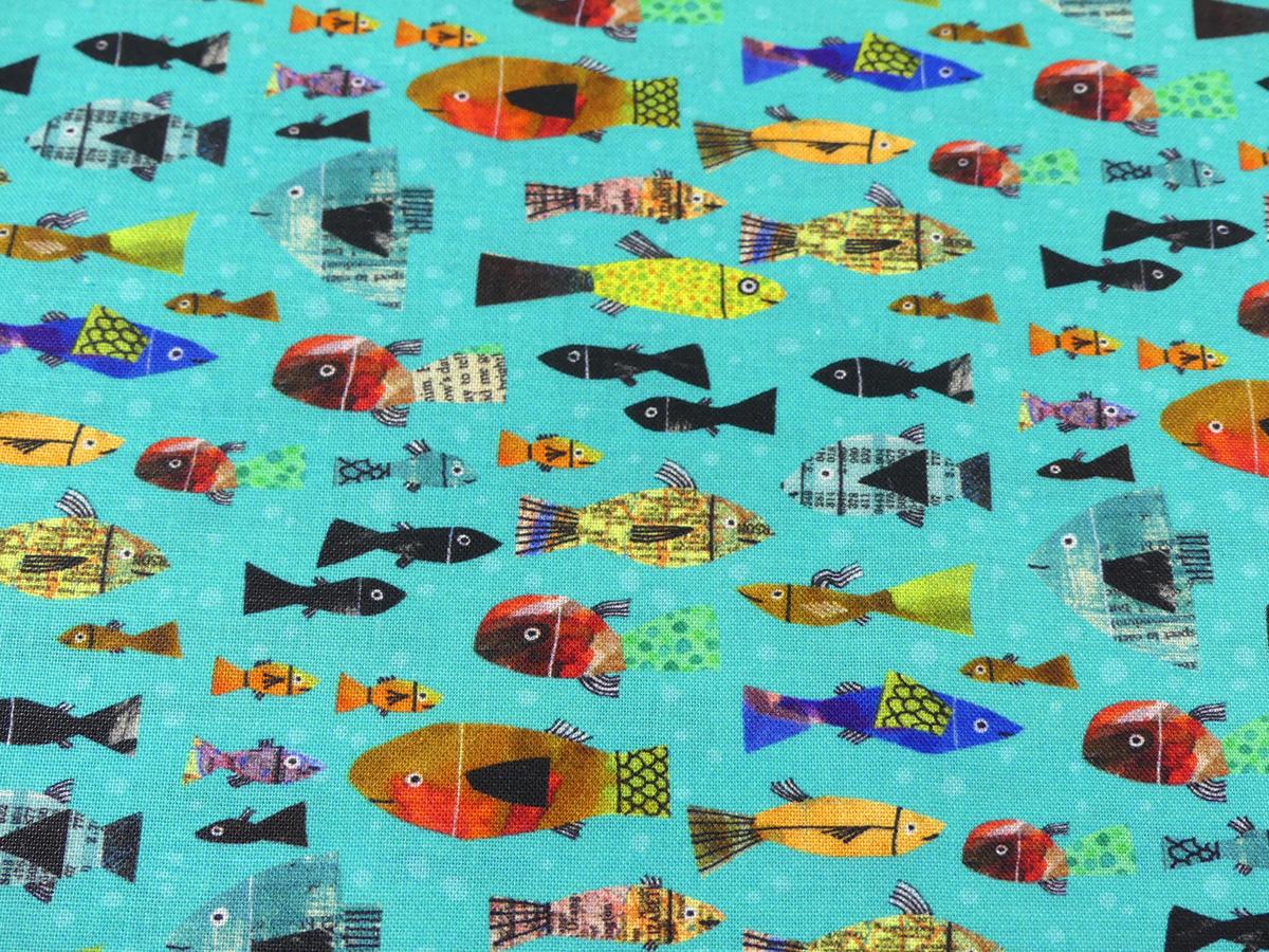 Frogtastic Fische bunt aqua türkis   Patchworkstoff von Benartex